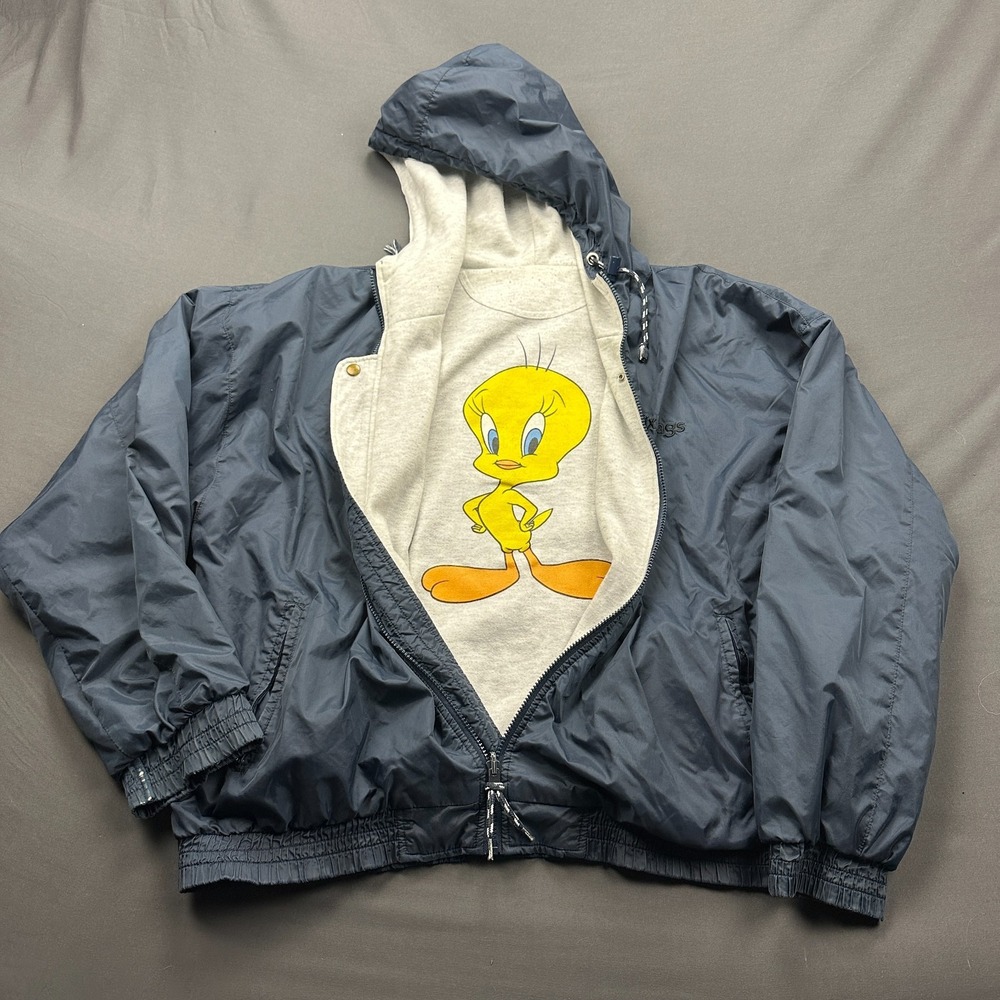 Vintage Six Flags Reversible Tweety Bird Jacket Mens XL Blue Gray Nylon Full Zip